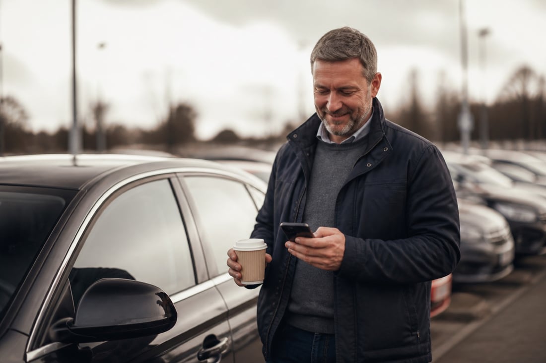 A driver at his car with a coffee, reading a reminder on his phone