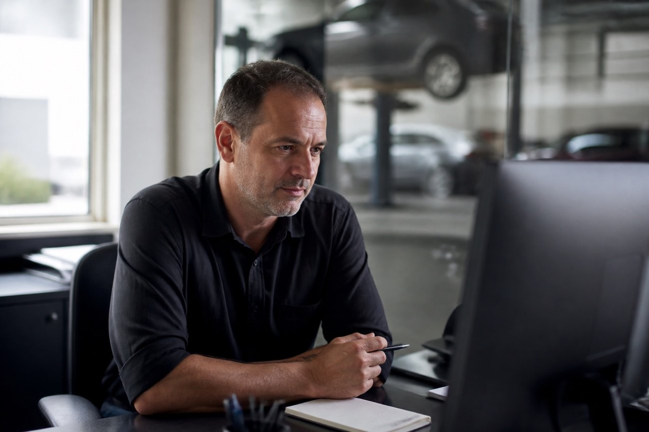 An aftersales manager at his desk, with the workshop behind him